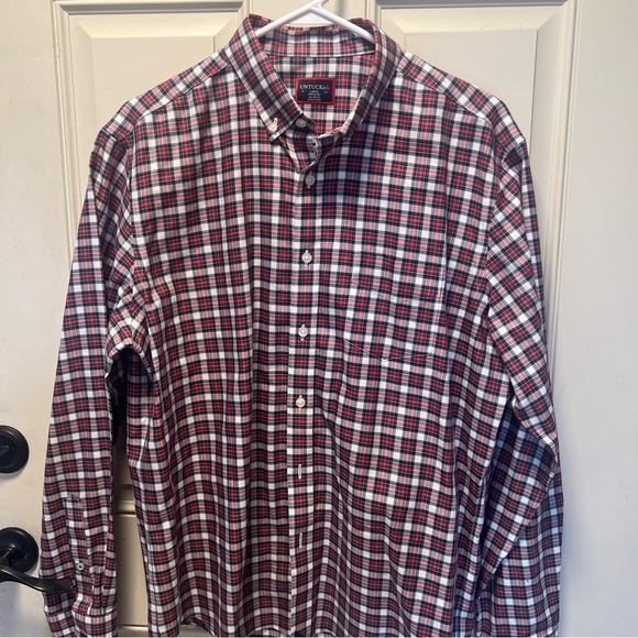 UNTUCKIT Mens Red Blue Plaid Button Down  Shirt Large Wrinkle Free - Picture 2 of 11